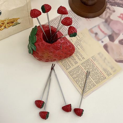 Ensemble de 5 fourchettes à fruits mignonnes et polyvalentes en acier inoxydable avec support, motif fraise. (1/5)