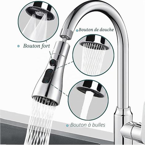 Aérateur de Robinet Pivotant à 360°, Embout Robinet Cuisine avec 3 Modes, Douchette Mousseur Robinet Economie Eau, Adaptateur de Rallonge de TêTe de Robinet Salle De Bain lavabo (Argent) (1/4)