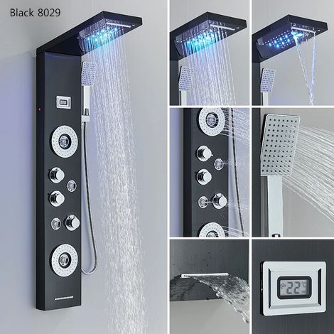 (8029 Noir) Panneau de douche, pommeau de douche effet cascade, mitigeur thermostatique, colonne de robinetterie (1/4)