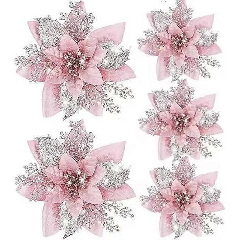 Lot de 5 fleurs artificielles de Noël à paillettes, décorations pour sapin de Noël et du Nouvel An. Fleurs artificielles de Noël.rose (1/5)