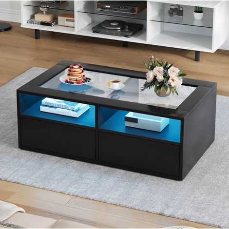 Mesa de centro LED 100 x 50 x 35 cm con 2 cajones, vidrio templado, negro DESVIAE (1/5)