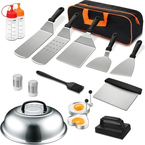 Ustensiles de barbecue 17 pièces – Spatule professionnelle en acier inoxydable – Accessoires pour plancha et teppanyaki – Camping (1/5)