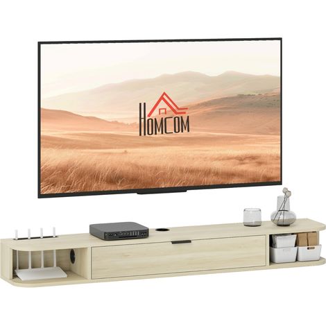 Meuble TV Suspendu avec Tiroir Abattant et 2 Étagères Ouvertes Gestion des Câbles en Bois Naturel 140x24x16 cm (1/5)