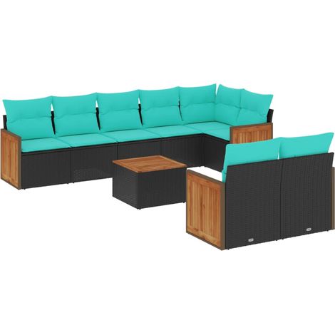 9-teiliges Gartensofa-Set mit Kissen, schwarzes Polyrattan vidaXL (1/5)