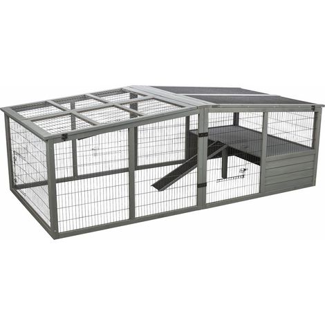 Freilaufgehege XL m. Abdeckung Holz, 233 x 79 x 116 cm, grau