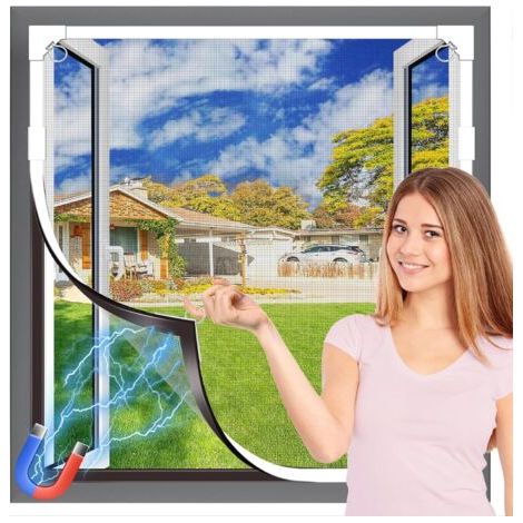 Moustiquaire Fenêtre Magnétique, Fibre de Verre Durable, Auto-Adhésive, Taille Ajustable DIY, Installation Sans Perçage, 130×150 cm, Cadre Blanc & Maille Grise (1/5)