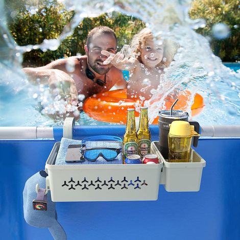Panier de Rangement au Bord de Piscine, Panier Latéral avec Porte-Gobelet pour Piscine, Accessoires de Piscine pour Jouets, Serviettes, Boissons, Gris