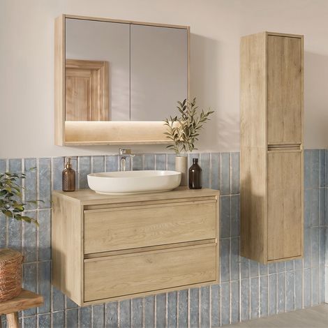 Set di mobili con lavabo singolo da 80 cm, colonna e armadio a specchio Edmé Bois (1/5)
