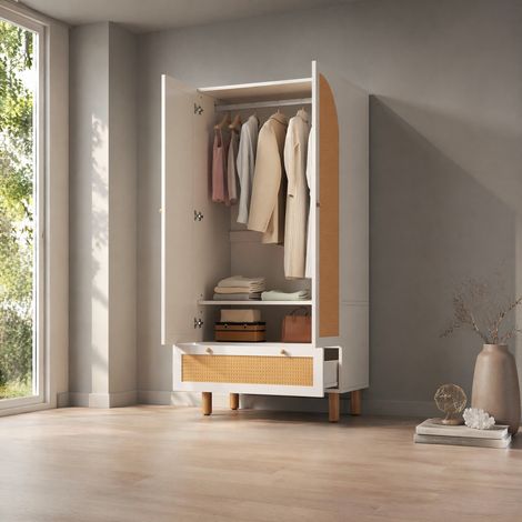 Armoire 2 portes avec tiroir, étagères réglables et barre de penderie, blanche DESVIAE (1/5)