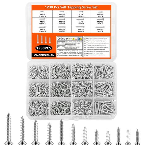 1230Pcs Vis Autotaraudeuses M2-M3, Tête Plate, pour Bois et Metal (1/5)