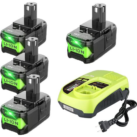 4er-Pack P108 9,0 Ah Akkus und Ladegerät für Ryobi 18V Akkus P108, P102, P104, P105, P107, P109, P122 mit P117 Ladegerät, 18V Akku und Ladeset (1/5)