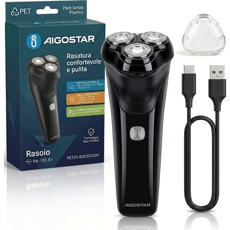 Aigostar Rasoio Elettrico Testina 3D Lame Doppio Anello Rifinitore LED Nero