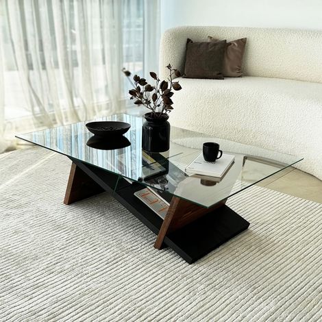 Table basse rectangulaire 105x65x31 cm en verre et bois massif noyer (1/5)