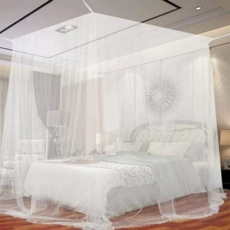 Moustiquaire baldaquin carré suspendu au plafond pour lit double, 4 points de fixation, moustiquaire élégante, kit de fixation crochets + chevilles inclus
