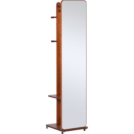 Miroir sur pied à roulettes - Étagère, étagère à 4 niveaux en MDF aspect noyer