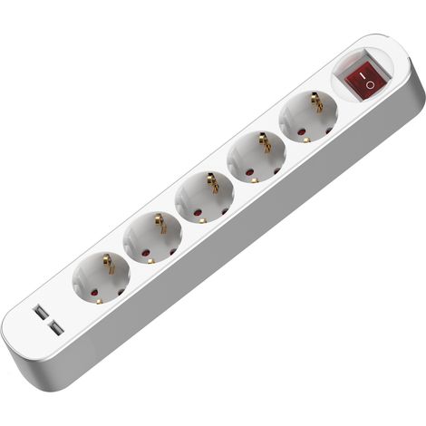 Steckdosenleiste mit Verlängerungskabel, 5 Steckdosen, 2 USB-Anschlüsse, mit Schalter, 1,5 m Kabel