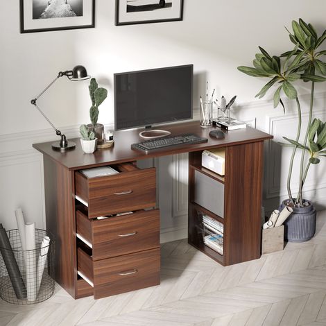 Bureau avec rangement intégré, finition aspect noyer, table d'ordinateur 120x50 cm avec étagères et tiroirs pour petits espaces et chambre