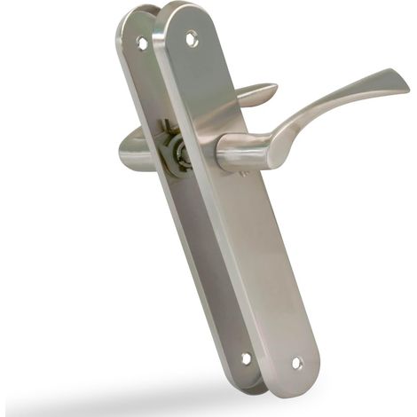 Lot de 2 poignées argentées de plaque ovale en acier et poignée en zamak avec finition chromée mate pour portes de passage intérieures. 237 x 40 mm. Manivelle de 120 mm. Vis incluses (1/5)