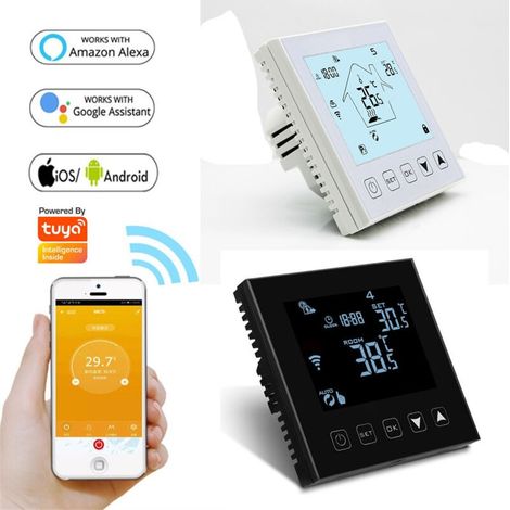 Intelligenter, WLAN-fähiger Thermostat für 90–240-V-Gas-/Wasserheizkessel, programmierbarer Heizkesselthermostat, Schwarz (1/4)