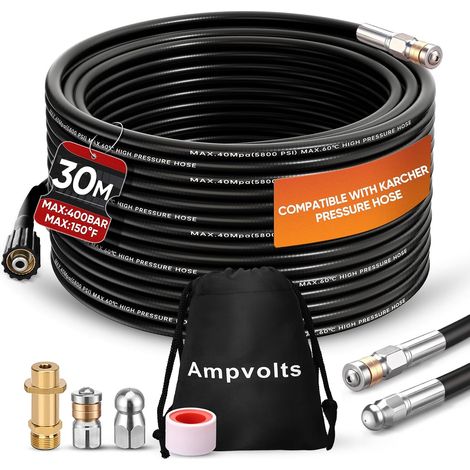 Déboucheur Canalisation Haute Pression 15m/30m – 400 bar / 5800 PSI, compatible avec nettoyeurs Karcher K2–K7, avec adaptateur et 5 buses, nettoyage canalisations (1/5)