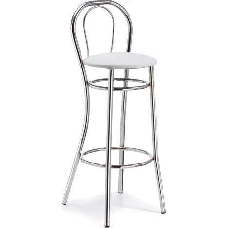 Tabouret en métal THONET avec structure chromée et tissu blanc