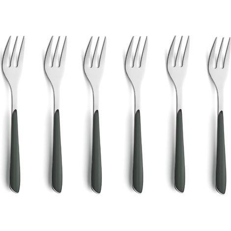 Lot de 6 fourchettes à gâteau en acier inoxydable 18/0 pour 6 personnes, bols en plastique gris foncé, antirouille et lave-vaisselle (1/5)