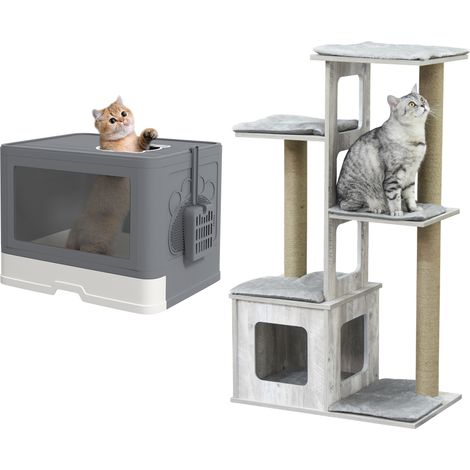 Conjunto para gatos incluye 1 árbol rascador para gatos 114 cm con múltiples plataformas y 1 arenero para gatos cubierto pala cepillo gris (1/5)
