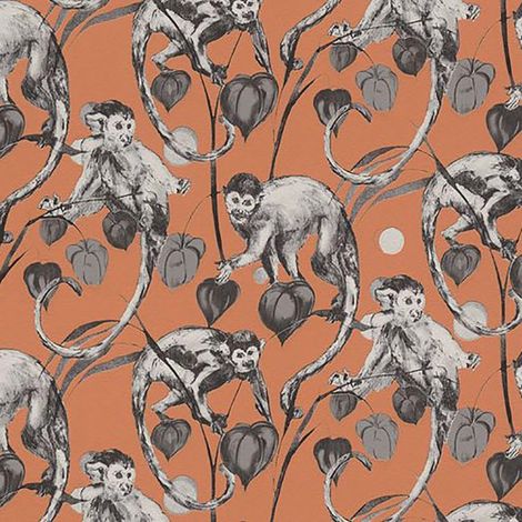 Monkey Jungle Wallpaper Textured Embossed Tropical Vinyl Orange (1/4)