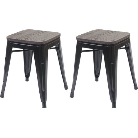 2er-Set Hocker HHG-397 inkl. Holz-Sitzfläche, Metallhocker Sitzhocker, Metall Industriedesign stapelbar schwarz