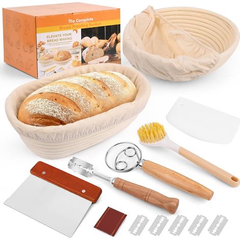 Banneton Pour Pain, Corbeille a Pain en Rotin Naturel Ronde et Ovale avec Grattoir à Pâte, Mélangeur à Pâte, Insert en Lin, Lame à Pain, Set de Paniere a Pain Adapté aux Débutants et Professionnels (1/5)