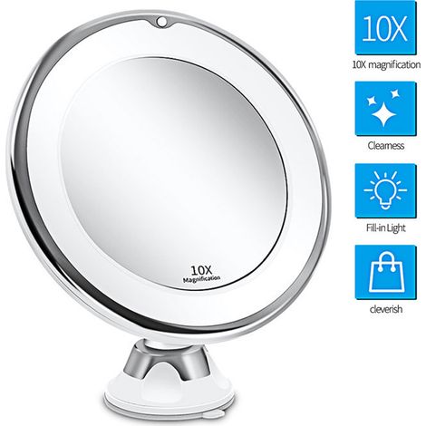 Miroir de maquillage grossissant x10 avec éclairage, interrupteur intelligent, rotation à 360°, ventouse puissante, portable, idéal pour une utilisation sur table, dans la salle de bain ou en voyage.