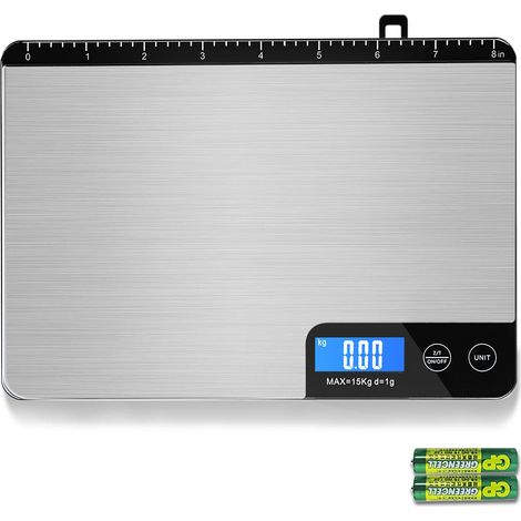 Báscula de cocina, capacidad de 15 kg, precisión de 1 g, botón táctil, superficie de acero inoxidable, función de tara, gancho oculto, cocina (1/5)