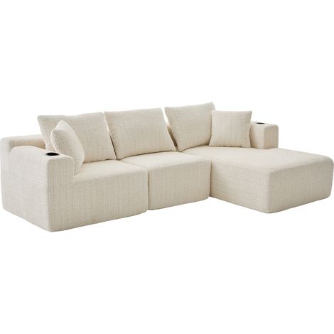 ELVMI Canapé modulaire 3 places avec porte-gobelets et poches latérales, en Chenille, Beige, 261 × 165 × 80.5 cm (1/4)
