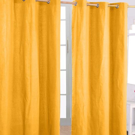 HOMESCAPES Cotton Plain Mustard Yellow Ready Made Eyelet Curtain Pair, 117 x 137cm
