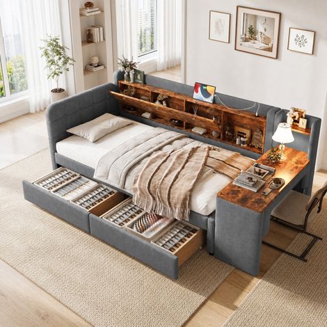 DESMIU Lit banquette 90 × 200 cm 1 place avec 2 tiroirs, bureau, USB, Type-C et rangement, sans matelas, gris (1/5)