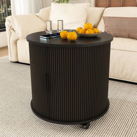 Tavolino rotondo piccolo, tavolino laterale, 60x60x60 cm, comodino con presa di corrente, anta scorrevole, vano portaoggetti nascosto, per camera da letto/soggiorno, con ruote, nero (1/5)