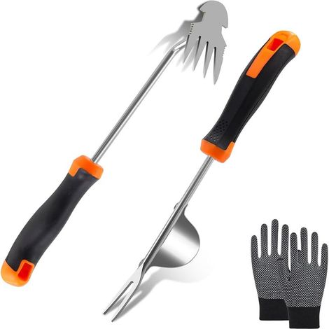 Désherbeur en acier inoxydable avec tête à 4 dents et poignée en caoutchouc pour jardin et terrasse gants inclus (1/5)