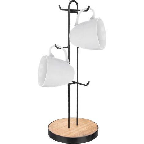Support a tasses pour 6 tasses en metal noir et socle en bois