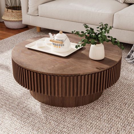 75cm Round Coffee Table with Storage Solid Wood Veneered Modern Coffee Table Accent Tea Table for Living Room, Bedroom, Apartment or Office, Walnut (1/5)