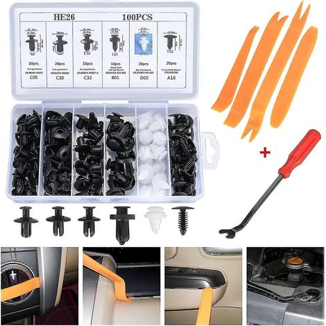Ensemble de clips de fixation universels en plastique pour ailes, carrosserie et pare-chocs (rivets à enfoncer) comprenant un outil de démontage des garnitures (100 pièces) (1/5)