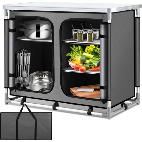 Wolketon 97 x 50 x 78 cm Campingküche mit 1 Arbeitsplatte, 5 Fächer, Anthrazit – Outdoor Campingschrank Küchenstation für Camping, Garten & Wohnmobil