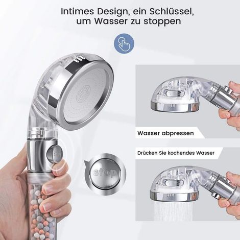Pommeau de douche, douchette ionique, pommeau de douche à économie d'eau avec surpresseur pour une pression d'eau accrue, avec 3 systèmes de filtration et 1 filtre PP remplaçable (1/5)