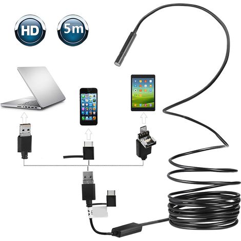 endoscope USB OTG noir de 5 mètres avec caméra étanche de 2 mégapixels pour l'inspection des canalisations et des véhicules
