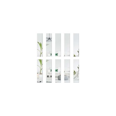 Lot de 10 miroirs en verre - 5 x 20 cm chacun - Carreaux de miroir - Décoration murale - Autocollants rectangulaires - Effet 3D - Miroir mural autocollant - Bricolage sans cadre - Argenté