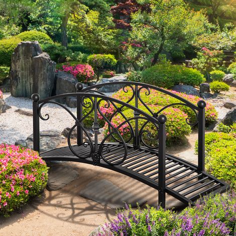Ponte da giardino in metallo, decorazione da giardino con ringhiere laterali, portata massima 150 kg, 102 x 48 x 49 cm, nero
