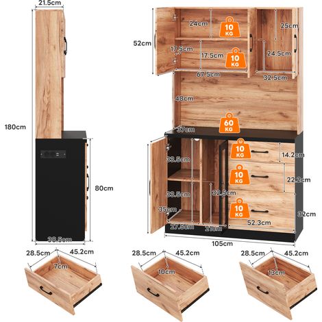 Meuble haut de cuisine moderne 105x40x180 cm, noir et effet bois, avec éclairage LED, étagères réglables et prise européenne, idéal pour cuisine, salle à manger, salon. (1/5)