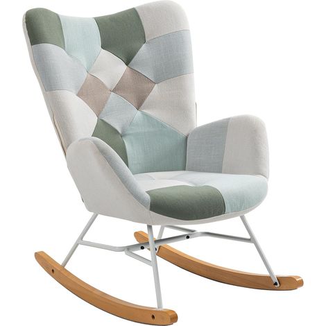 Fauteuil à Bascule Allaitement Scandinave Rocking Chaise Loisir et Repos en Tissu Patchwork avec Pieds en Massif Bois Métal pour Salon, Chambre, 69x85x97cm (1/5)