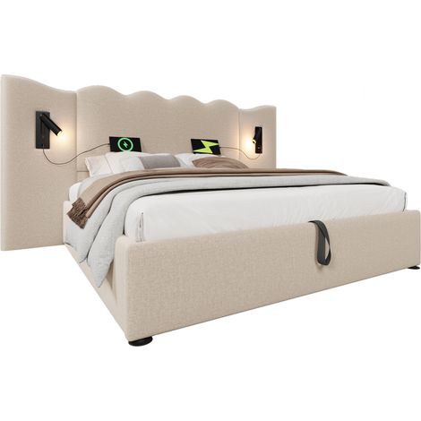 Lit coffre 160x200 avec lampe de lecture pivotante, ports USB et Type-C, matelas inclus, tête ondulée en tissu beige, rangement hydraulique - CHICFURN (1/5)