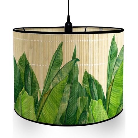 Pantalla de bambú con diseño de hojas tropicales, estilo vintage, diámetro de 30 cm, para lámpara de mesa o de pie (hoja de plátano). (1/4)