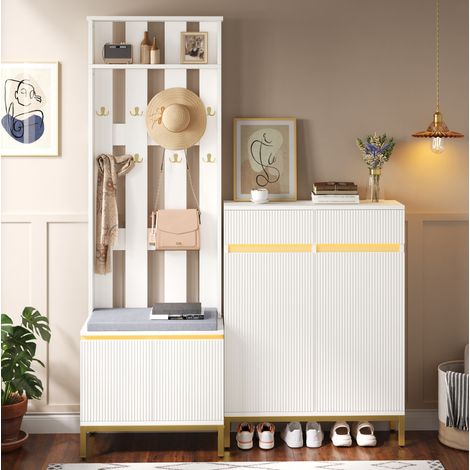Recibidor con zapatero, banco, perchero y estante LED blanco, muebles de entrada con almacenaje para zapatos, abrigos y accesorios  para pasillo moderno-FLORAGRACE (1/5)